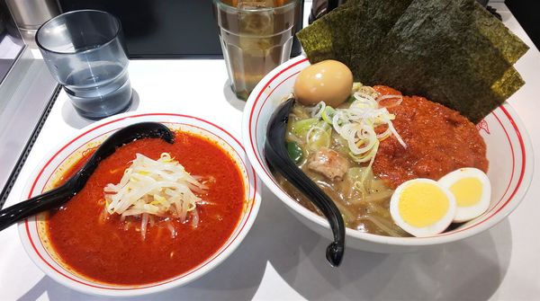 「半ラーメン（北極）+辛華丼（トッピング：のり・味玉）」@蒙古タンメン 中本 錦糸町店の写真