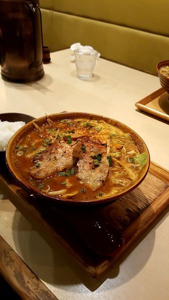 「旨辛味噌ラーメン(ピリ辛､麺普通盛り)Ｂセット(唐揚げセット  」@味噌乃家 熊本十禅寺店の写真