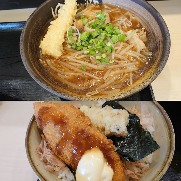 「肉モヤシあんかけ中華 海老天 ミニのり弁」@ゆで太郎 入間宮寺店の写真