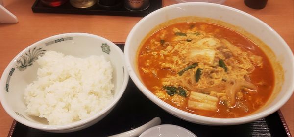 「チゲ味噌ラーメン餃子セット+ライス」@日高屋 秋葉原駅南店の写真