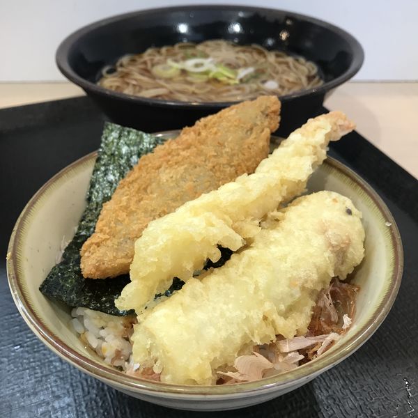 「【期間限定】ミニのり弁セット（￥580）＋海老天（クーポン）」@ゆで太郎 流通センター駅前店の写真