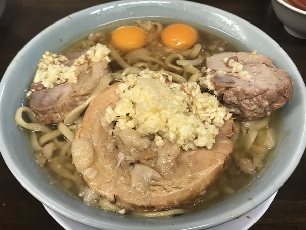 「小らーめん麺かため、野菜抜き、にんにくマシ＋豚の1UP＋W生」@らーめん玄の写真