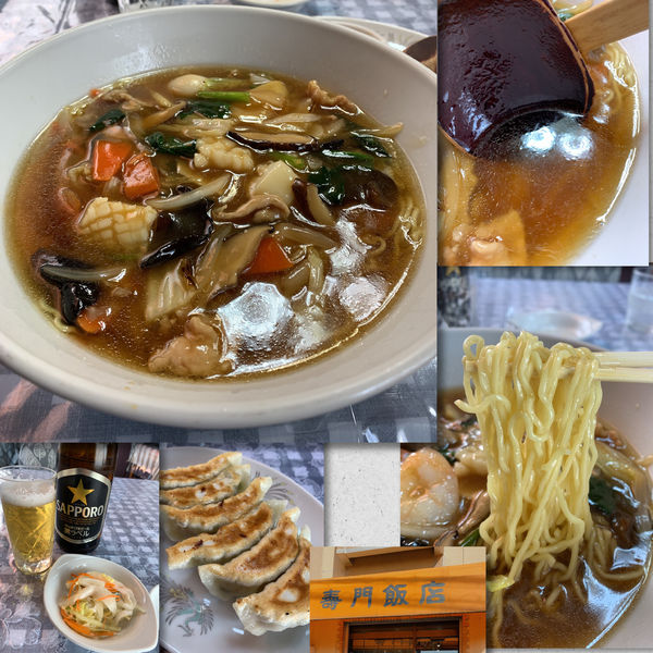 「五目そば700円＋餃子＋黒ラベル」@寿門飯店の写真