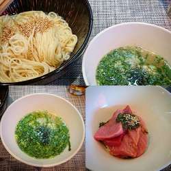 「メジナ、ホウボウの本山葵塩漬麺」 「山葵醬油と鮪丼」