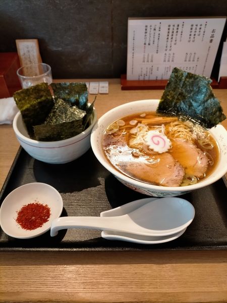 「中華そば麺硬め 辛味 のりトッピング」@中華そば 勝本の写真