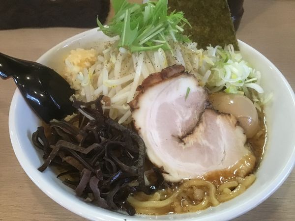 「スタミナ醤油ラーメン800円(クーポンでミニ水餃子無料)」@麺屋 花形の写真