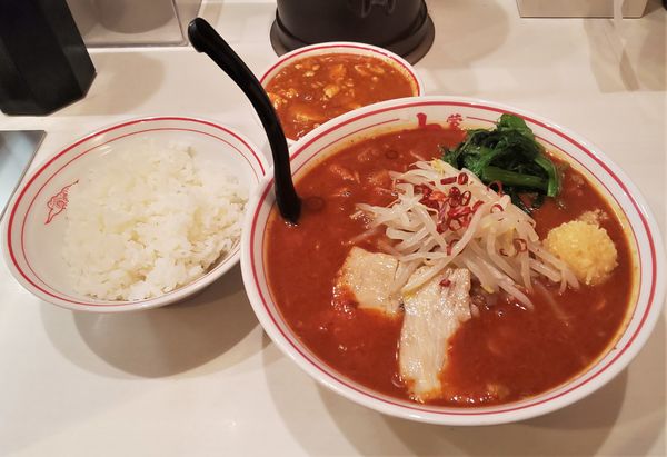 「極北極+チャーシュー2枚+ほうれん草+クラッシュニンニク」@蒙古タンメン 中本 御徒町店の写真