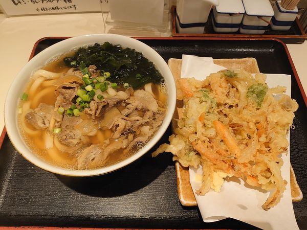 「肉うどん+野菜のかきあげ(1045円)」@手打うどん 長谷沼の写真