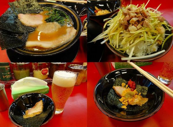 「ラーメン700円硬薄、豚とろ、ネギ丼白、ビール」@柏 王道家の写真