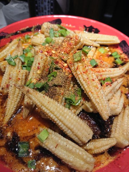 「鬼ヤングコーン＋カラシビ味噌らー麺 麺少なめ」@カラシビ味噌らー麺 鬼金棒の写真