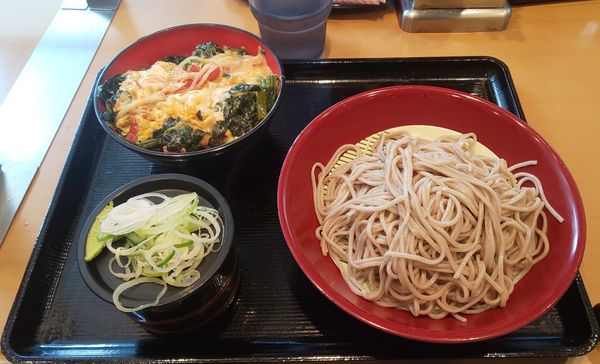 「チーズとほうれん草の玉子とじ丼セット（もりそば）」@名代 富士そば 三光町店の写真