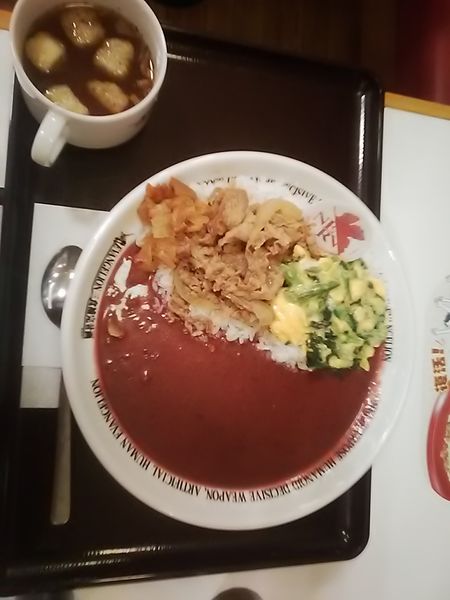 「初号機オム牛カレー　オニオンスープセット(890円)」@すき家 松戸古ヶ崎店の写真