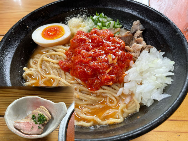 「【限定】海老まぜそば850円、鴨ロース350円」@はりけんラーメン 南店の写真