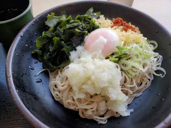 「朝そば玉子・冷・温玉・おろし変更＋わかめ」@ゆで太郎 長者町店の写真