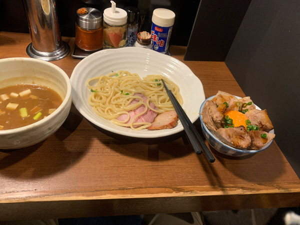 「濃厚豚骨魚介つけめん中盛、肉飯」@麺処 はら田の写真