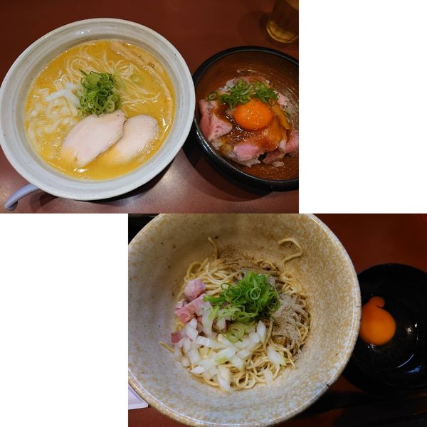 「鶏そば（塩）/ローストポークTKG/煮干し和え麺」@麺童 豊香の写真