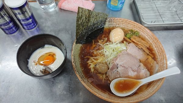 「ゆりかご浅利出汁ラーメン(正油)＋真鯛白子ソースW」@覆麺 智の写真