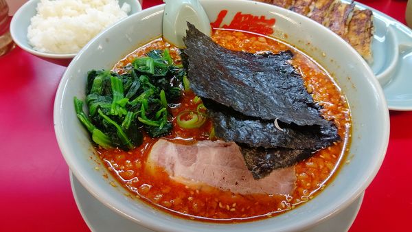 「辛味噌ネギラーメン激辛＋半ライス1000円クーポンほうれん草」@ラーメン山岡家 石岡店の写真