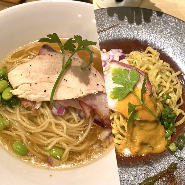 「鮮魚と水＋替玉 鮟肝（？）赤雲丹（？）のソース」@論露に不二の写真