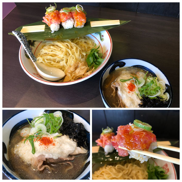 「【限定】肉汁とろろつけ麺とネギトロ握り(3カン) 1080円」@メンショップ アキラの写真