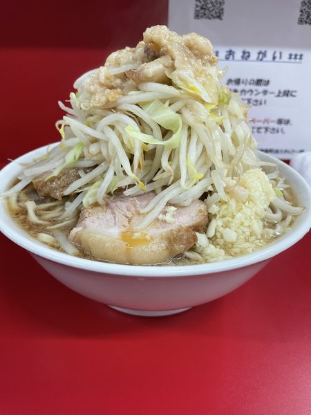 「小ラーメン、麺少なめ、かため、全部入り」@ラーメン二郎 神田神保町店の写真