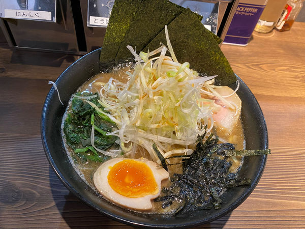 「焼き煮干しラーメン（麺固め、太麺）880円」@ラーメン 萩原家 藤沢店の写真