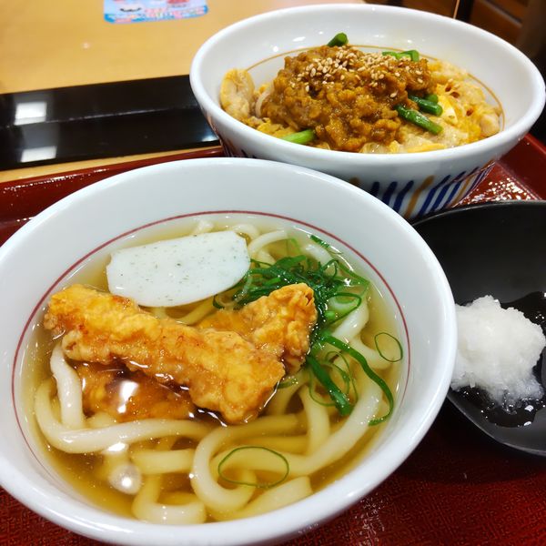 「【期間限定】キーマカレー親子丼と鶏天おろしうどん（￥790）」@なか卯 西蒲田店の写真