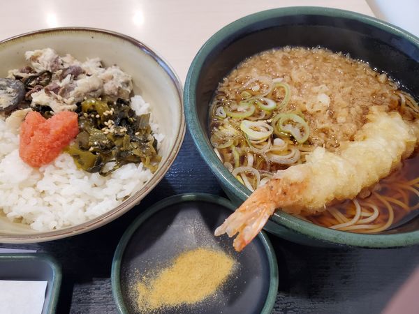 「朝食・焼鯖ごはん・温＋海老天(クーポン)」@ゆで太郎 長者町店の写真