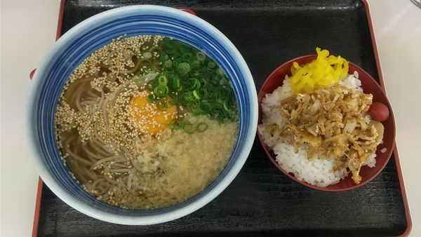 「月見そば（生玉子）470円、きざみごはんS160円」@白河そばの写真