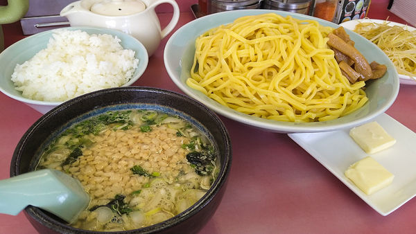 「限定/ホタテ塩とんこつつけ麺+大盛りW+バターW+味ネギ+他」@ラーメン山岡家 瑞穂店の写真