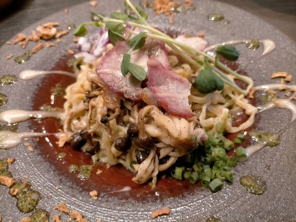 「木の子のジェノベーゼ 替え玉 350円」@論露に不二の写真