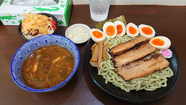 「つけそば（並） 無料+味玉×3 330円+賄い丼 280円」@麺屋こうきの写真