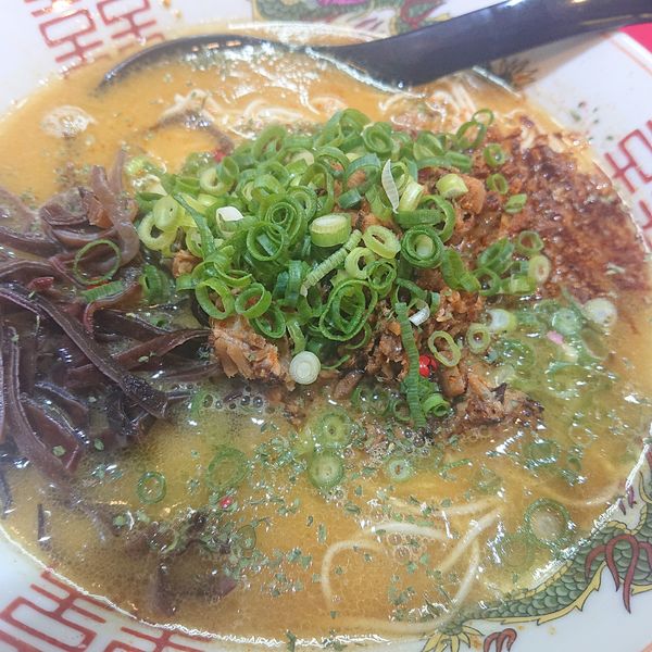 「豚骨カレーらーめん650円(バリカタ)、ライス100円、替玉」@釜炊き豚骨らーめん マルハ軒の写真