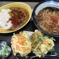 朝そば(カレー)390円、季節のかき揚げ250円、かき揚げ