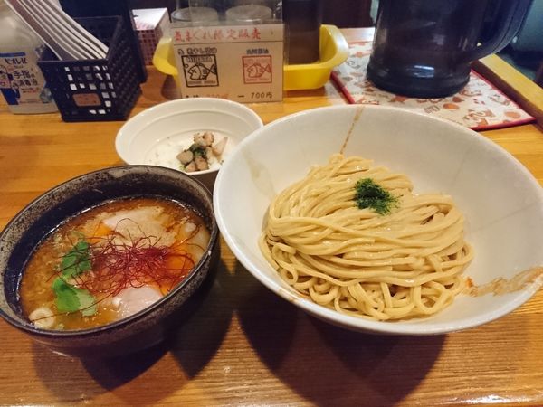 「限定 赤海老とカマスの海老味噌つけそば 平打ち麺 おい飯付き」@麺屋 ひな多の写真