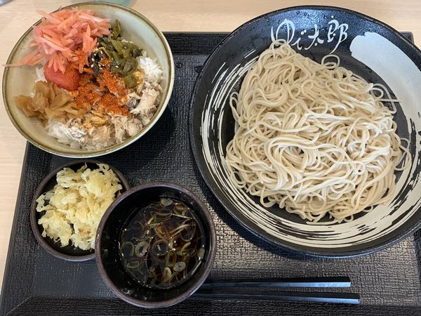 「朝定食冷蕎麦+鯖ご飯+大盛（チケット）390円」@ゆで太郎 入間宮寺店の写真