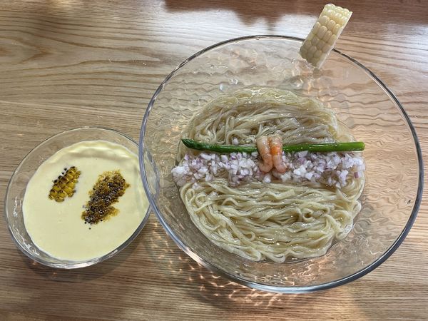 「とうもろこしと羅臼昆布の冷やしそば1000円+焼売300円」@麺 㐂色の写真