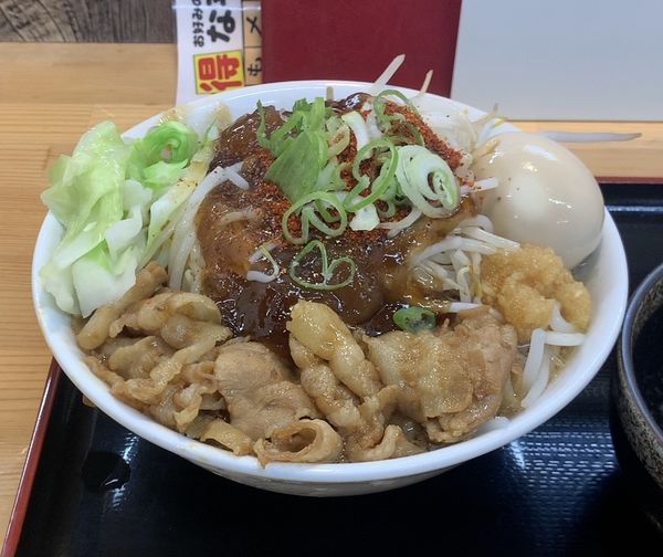 「味玉紅の豚 野菜中増し 中辛」@らーめん 八幡屋の写真