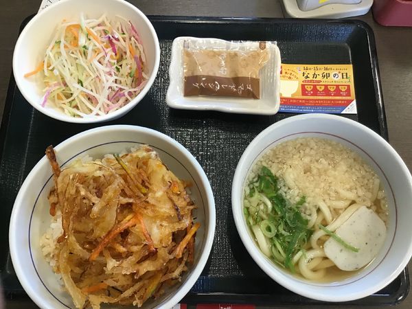 「かき揚げ丼380円、サラダ150円、小うどん200円(無料)」@なか卯 新越谷店の写真