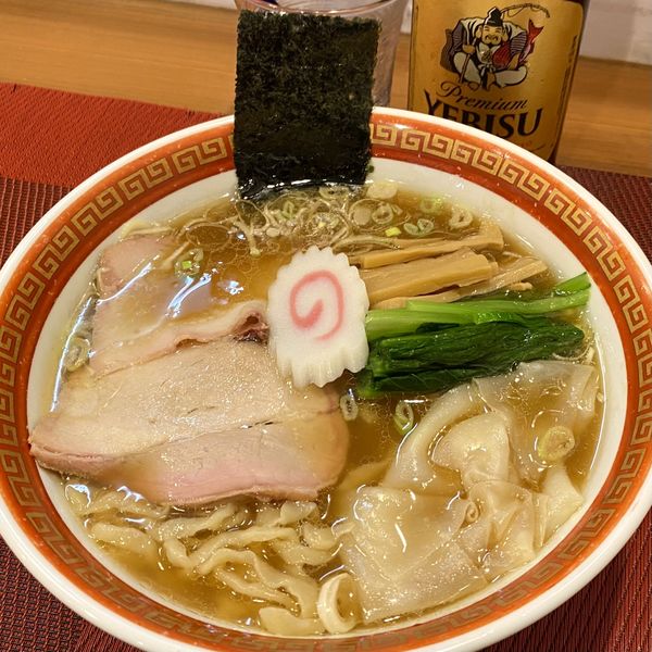 「中華そば＋一反麺＋エビスビール（中瓶）」@麺創庵 砂田の写真