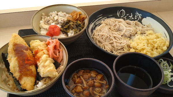 「朝そばセット（焼鯖ごはん）+大盛り+のり弁+なめこ」@ゆで太郎 入間宮寺店の写真