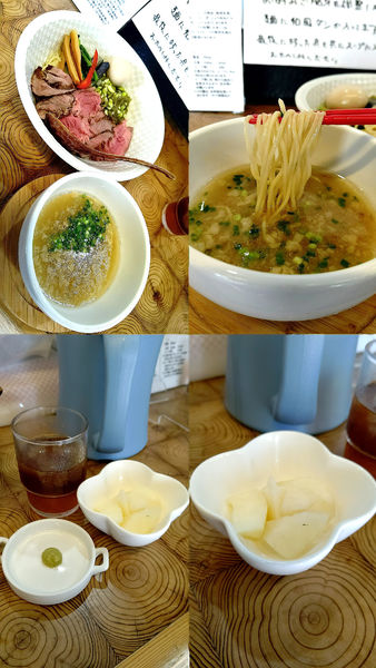 「『牛脂のスープの細つけ麺 ローストビーフ増しの煮玉子付き』」@麺榮 王様のラーメンの写真