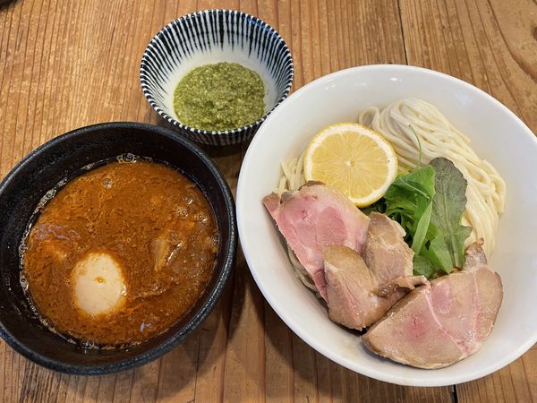 「オマール海老トマトつけ麺、全部入り、別皿バジルソース」@鮮魚らーめん 五ノ神水産の写真