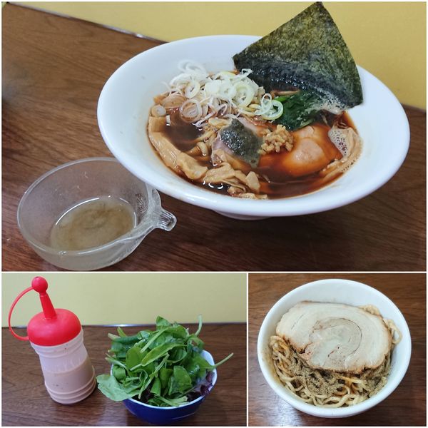 「【限定】青森市系煮干らぁめん(温)＋ベビーリーフサラダ＋和え玉」@4代目松屋食堂の写真