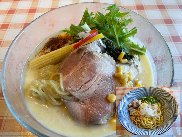 「【限定】「玉蜀黍」冷やしジェノベーゼ仕立て、ガーリック和え玉」@旬菜麺屋 雅流の写真