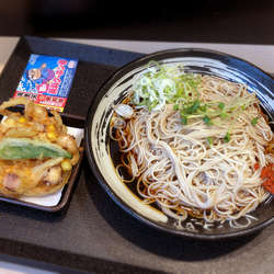 ゲソと夏野菜のかきあげそば(冷・590円)＋そば大盛