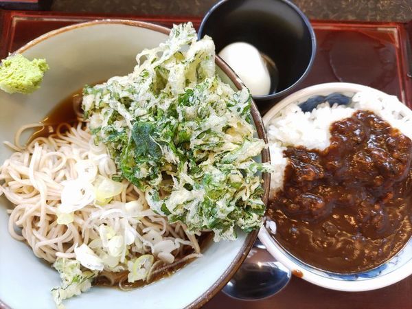 「ざる定食（冷やし変更・カレー）＋春菊天＋ゆで卵」@文殊 亀戸店の写真
