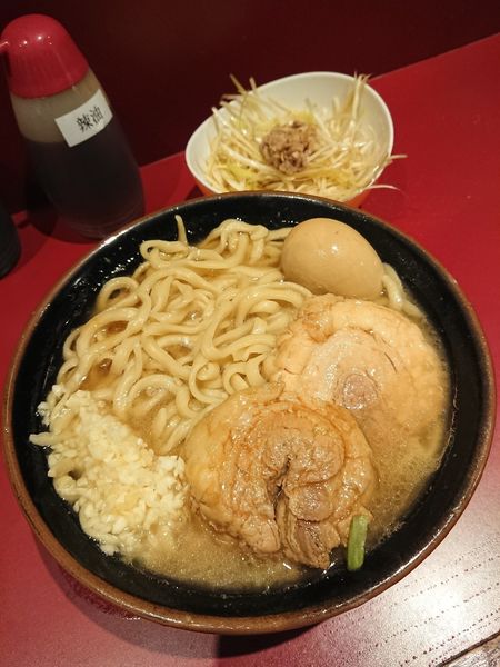 「ラーメン 麺少なめ 野菜抜き＋味付け玉子＋ねぎ」@ラーメン二郎 荻窪店の写真