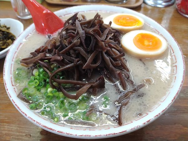 「ラーメン(¥660)＋キクラゲ、煮玉子、高菜(計¥330)」@九州ラーメン 友理 本店の写真