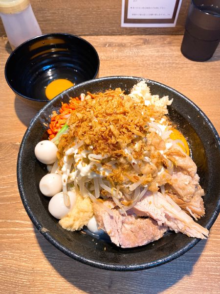 「汁なし冷やしミニ ｶﾗｱｹﾞ少他全部 ＋生卵」@麺屋 浜一の写真